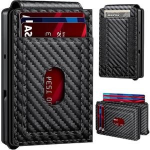 Wallet for Men | RFID Blocking Magsafe Pop Up Metal Card Holder | with 2 ID Windows and Cash Slot | Hold 12 -15 Cards | Slim Compact Bifold Smart Wallet | Magnetic Closure (Black Carbon Fiber)