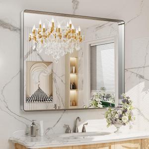 LOAAO 40x36 Inch Brushed Nickel Bathroom Mirror, Rounded Rectangle Silver Metal Frame Mirror, Brushed Nickel, Anti-Rust, Shatter Proof, Hangs Horizontally or Vertically