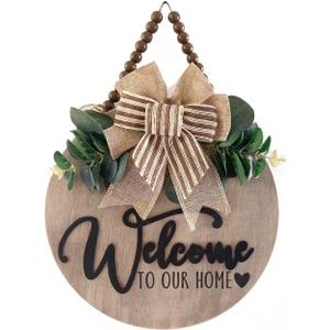 3D Welcome Sign for Front Door | Home/Farmhouse Porch Dcor Wooden Hanging Sign with Artificial Leaves and Rustic Beads | Christmas Classroom |12" Round (Oak_Nature)