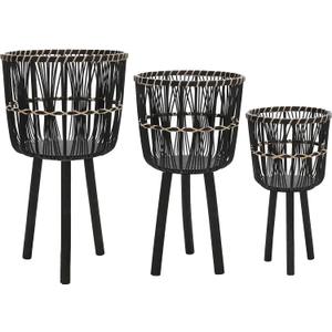 Set of 3 Woven Basket Decorative Planter Pot – Bamboo & Pine Wood Outdoor & Indoor Plant Pot – Modern Boho Garden and Home Decor Planters – 19", 23", & 26", Black