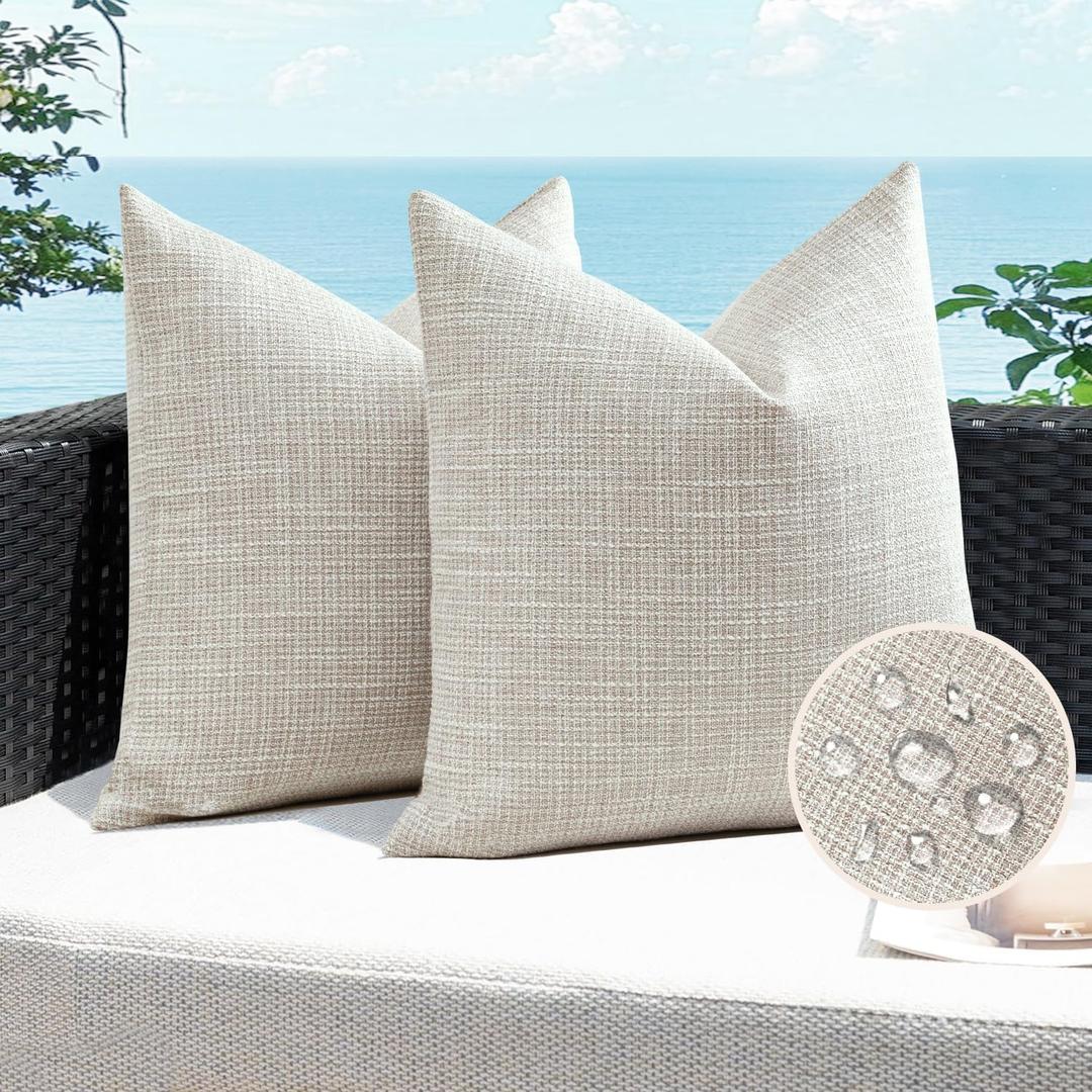 Artscope Outdoor Waterproof Throw Pillow Covers 16x16 Inch Decorative Linen Outdoor Pillows Cushion Case for Patio Couch Sofa - Beige