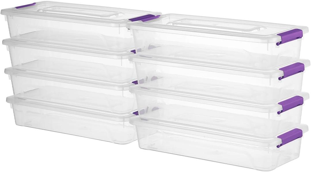 Novelinks Clear Stackable Storage Bins with lid Storage Boxes Durable Plastic Organizer Containers for Home Office, Kitchen, Craft Supplies (4 Quart 8 Pack Purple)