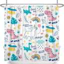 Dreamy Theme Bathroom Dino Dinosaur Rainbow Magical Shower Curtain with Hooks, Waterproof Polyester Fabric, 48x72 Inch
