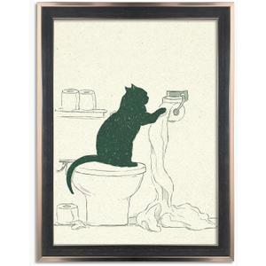 Framed Funny Black Cat Bathroom Wall Art Vintage Sketch Decor Print | Cat With Toilet Paper Painting Poster Humorous Animal Lovers Gift Canvas Picture for Guest Restroom Ready to Hang 8inx10in