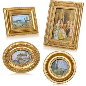 Geetery 4 Pcs Vintage Picture Frames Set Mini Antique Picture Frame Small Luxury Ornate Oval Circle Rectangle Wall Hanging for Gallery Wall Photo Display Tabletop Home Decor(Gold)