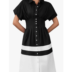 Wenrine Womens Summer Button Down Shirt Dress Casual Color Block V Neck Short Sleeve Corset Maxi Dresses Size S