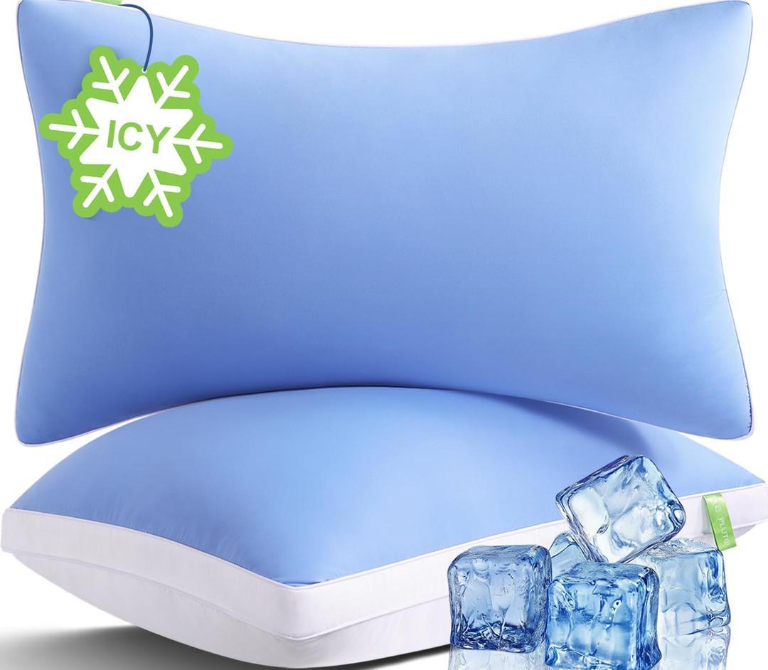 Cooling Bed Pillows Queen Size Set of 2, Cool for Hot Sleepers, Soft Gusseted Hotel Down Alternative Pillow 2 Pack for Side Back Stomach Sleeper, Supportive, Pain Relief, ICY Blue, 20" x 30"