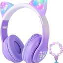 Cat Ear Kids Headphones Bluetooth, LED Light up Wireless/Wired Mode Over Ear Headphones with Build in Microphone for School/Travel (Purple)