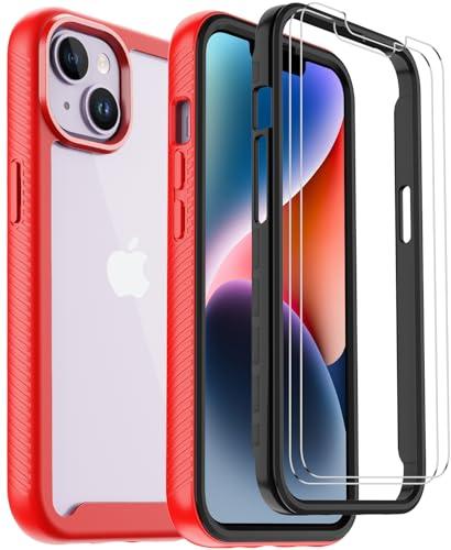 Annymall for iPhone 14 Clear Case with 2 Screen Protector,Heavy Duty Shockproof Drop Protection Phone Cover Rugged Durable Full Body Bumper Hard Case for Apple iPhone 14 (Clear/Black Red)