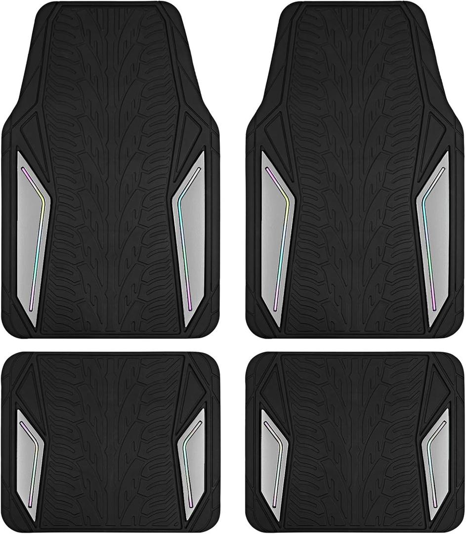 PIC AUTO Rubber Floor Mats, Silver Aluminum Film with Colorful Piping Floor Mats for Cars, Car Mats with Non-Slip Backing, All-Weather Protection, Trim-to-Fit Liner for Cars, SUVs, Trucks, Vehicles