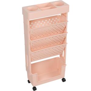 5 Tier Mobile Book Rack Storage Organizer with Wheels Removable and Movable Bookcase for Students Pink Color Home School Organizer