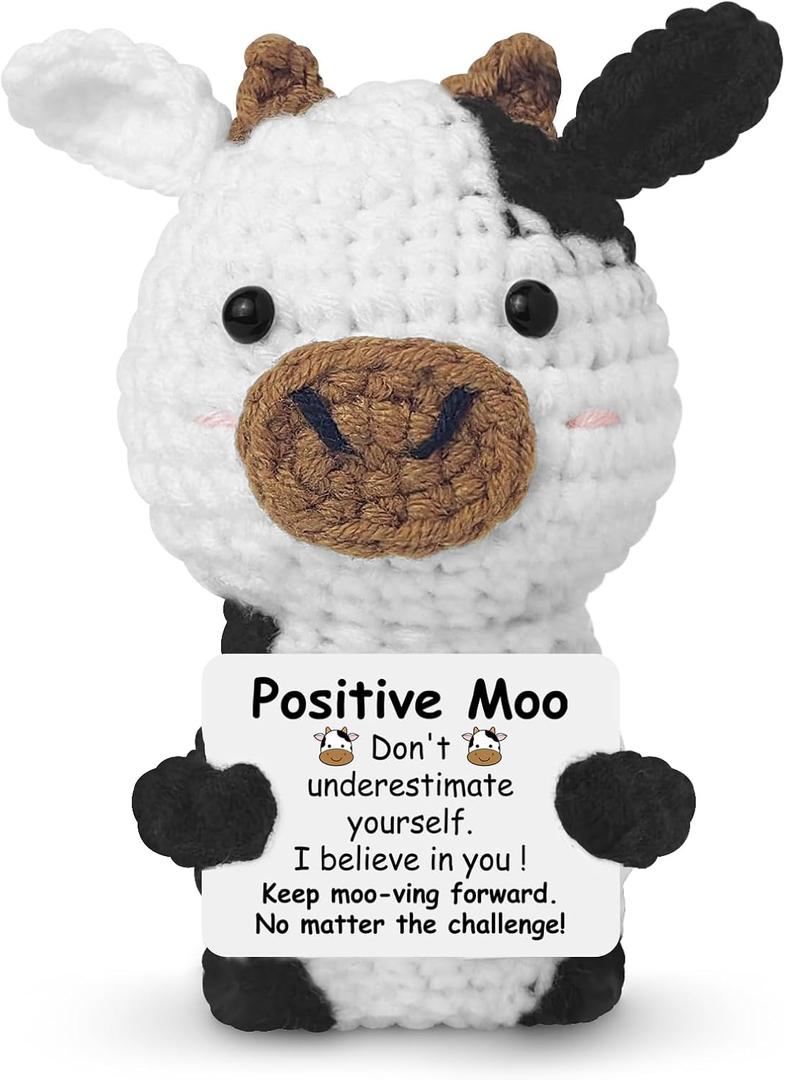 Mini Positive Crochet Cow Gifts for Women Men Friends, Inspirational Emotional Support Stuffed Animal Handmade Crochet Cows Gifts for Coworker Friend Birthday Party Decorations
