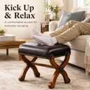 Leather Foot Stool, Genuine Leather Padded Ottoman with Wood Base, Brown, 15.4"D x 18.9"W x 16.5"H