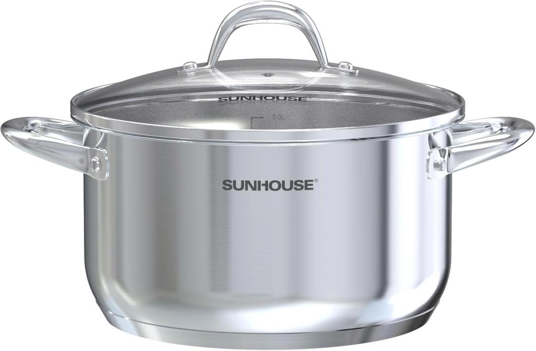 SUNHOUSE Stainless Steel Stock Pot - 7 Quart Heavy-Duty Induction Cooking Pot with Visible Lid for Pasta, Soup, Spaghetti - Nonstick Thick-Bottom Deep Stockpot for Canning, Boiling, and Simmering