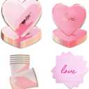 Pink Heart Shaped Party Tableware - Disposable Wedding Engagement Paper Plates Cups Napkins, Valentines Day, Baby Shower, Mothers Day Tableware, Marry Me LOVE Themed Party Supply 68pcs