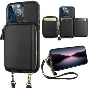 Bocasal RFID Blocking Wallet Case for iPhone 13 Pro, Adjustable Crossbody Zipper Purse Case Card Holder with Kickstand Detachable Wrist Strap, PU Leather Flip Folio Case 6.1 Inch 5G (Black)