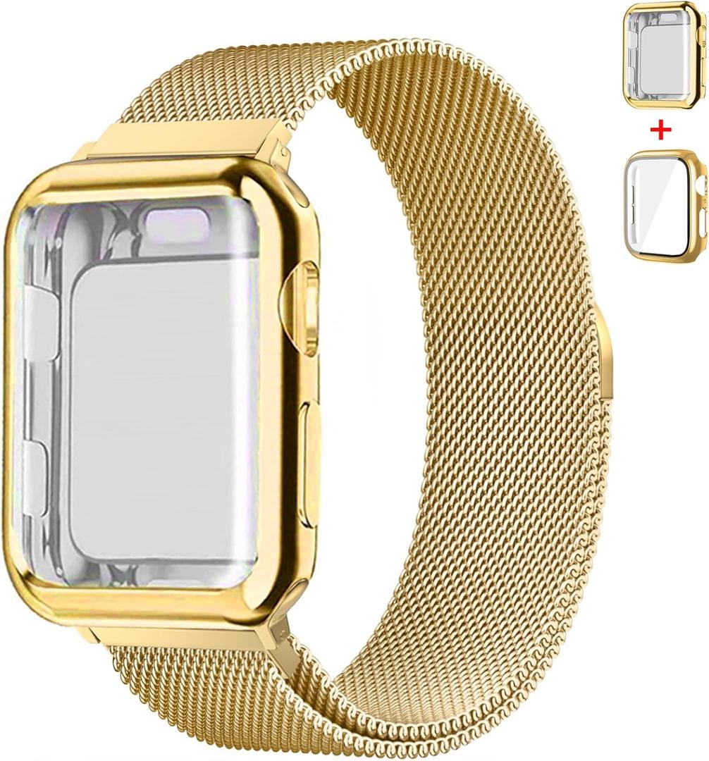Magnetic Band and Case for Apple Watch Band  44mm  Women/Men,Stainless Steel Milanese Loop Bracelet Strap with Cover Combo iWatch series 6 5 4 SE