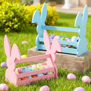 Yookeer 2 Pcs Wood Bunny Easter Baskets with Handle, Cute Easter Rabbit Candy Eggs Basket Empty Hunt Container Storage for Gifts, Pink and Blue