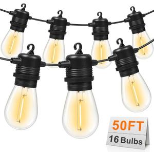 GvvooHome 50FT LED Outdoor String Lights with 16 Shatterproof Waterproof S14 Replaceable Bulbs(1 Spare), 2700K Commercial Grade Patio Lights, Outside Hanging Light for Yard Garden Porch Deck Decor