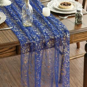 Artoid Mode Blue Gold Gauze Table Runner 120 Inch 10FT, Glitter Metallic Foil Sheer Dining Wedding Anniversary Holiday Table Decor for Home Party (28" x 120")