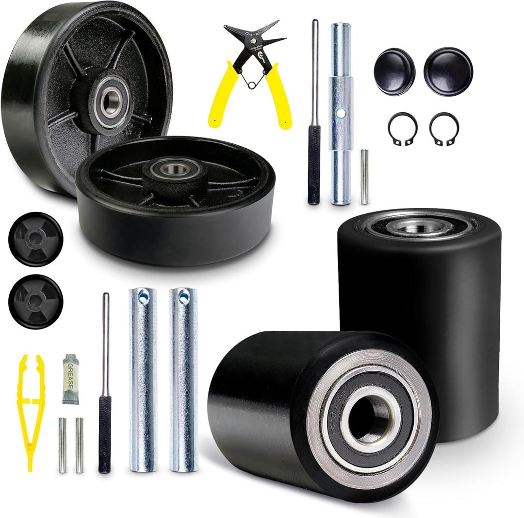 Pallet Jack/Truck FULL SET BLACK with Back Axle, Steering Wheels 7"x 2" Pair, Front Load Roller 3" x 3.75" Pair with Bearings ID 20mm Poly Tread Black With Entry Exit Roller and Protective Caps