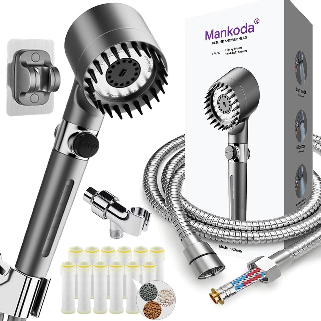 Filtered Shower Head with Handheld, 12 Replacement Filters for Hard Water & Chlorine Removal, 75" High Pressure Anti-Burst Hose, Power Wash for Deep Cleaning & One-Button Pause Switch for Kids & Pets