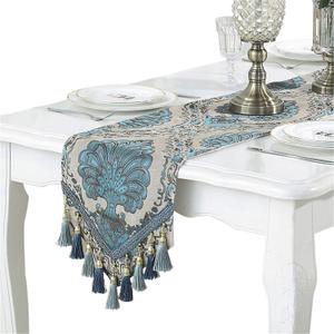 Embroidery Luxury Table Runner Jacquard Fabric Table Runner with Multi-Tassels for Dining Room Dresser Wedding Party Decorations, 13" x 82", Beige