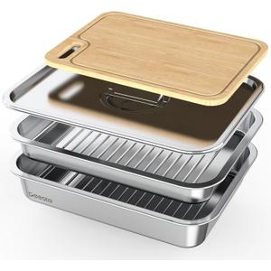 Geesta Grilling Prep and Serve Tays, Stainless Steel Large Capacity Food Prep Tray, Grill Carry System, Marinade Container with Lid and Cutting Board,BBQ Grill Accessories, Grilling Gifts for Men