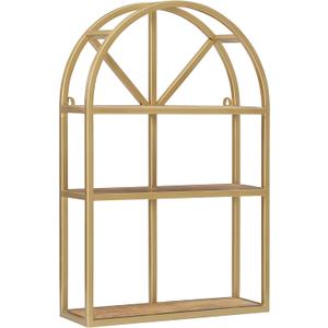 Powell Bandt Gold Metal Cathedral Style Wall Mounted Shelves with Mango Wood Shelves