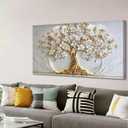 Tree of Life Canvas Wall Art Gold White Flowers Wall Decor Picture Natural Landscape Poster Print Artwork For Living Room Bedroom Office Paintings Decoration Prepare to hang 48x24in