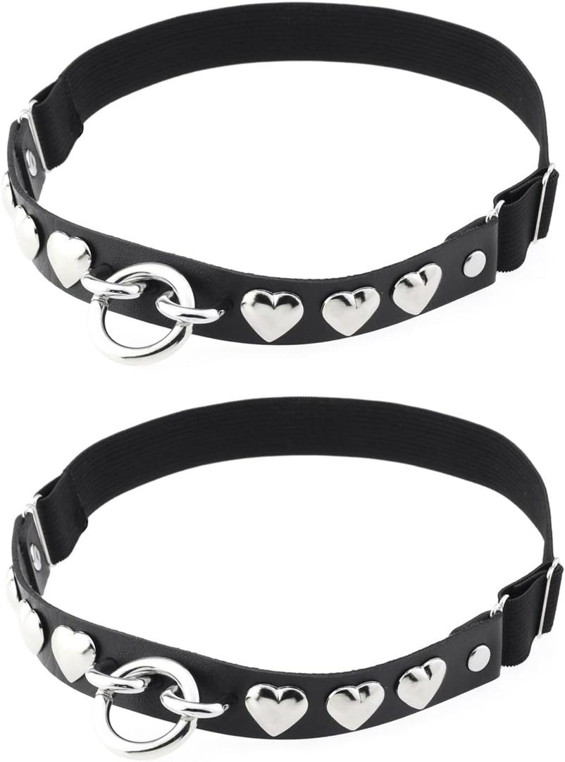 3 x 2PCs Adjustable O-Ring Leg Garter, Elastic Punk Studded Heart Thigh Garters for Women Parties, Black