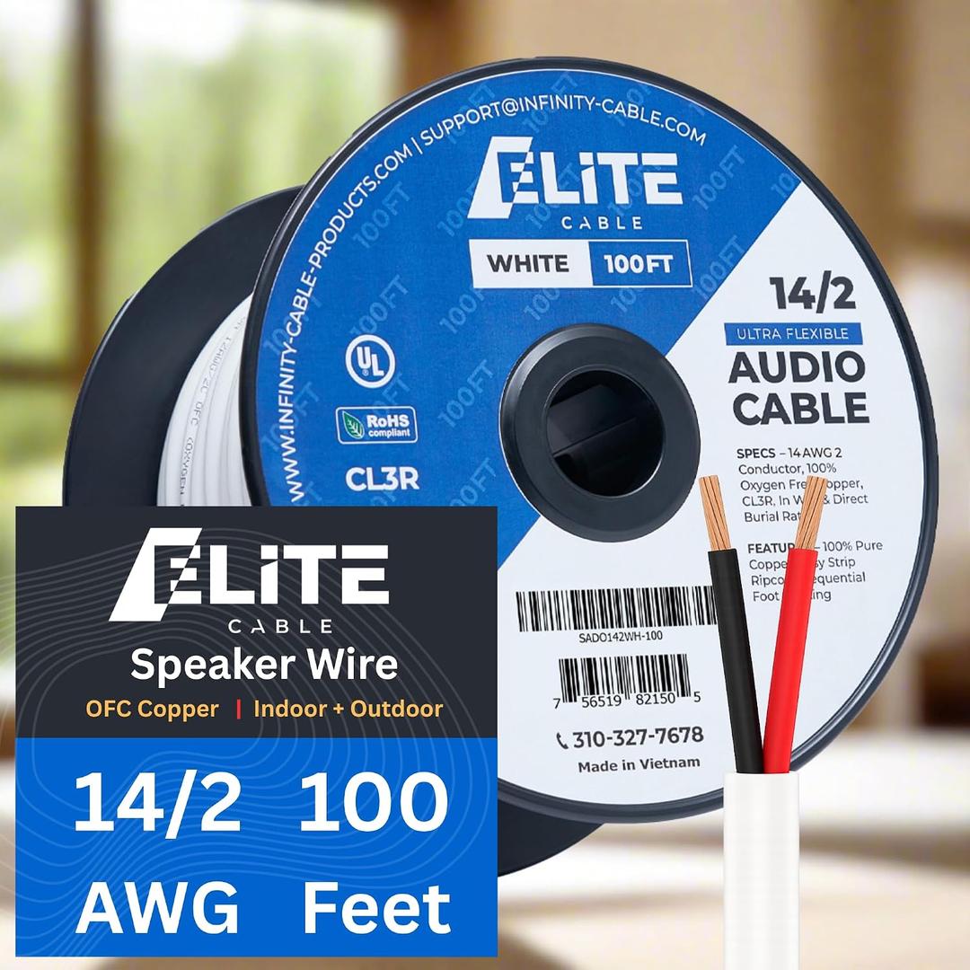 Elite 14/2 Speaker Wire 100ft, UL Listed, CMR/CL3R, (Riser/In-Wall & Outdoor/In-Ground (Direct Burial)- 100% Oxygen Free Pure Bare Copper (OFC), 14AWG/2-Conductor, 100ft Bulk Cable (105 strands) White