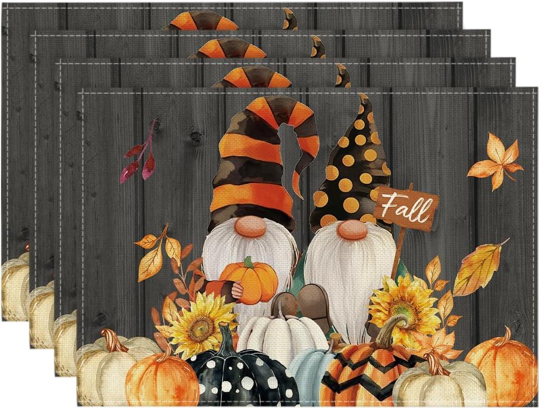 Artoid Mode Gnomes Pumpkins Fall Placemats Set of 6, 12x18 Inch Seasonal Autumn Thanksgiving Table Mats for Party Kitchen Dining Decoration