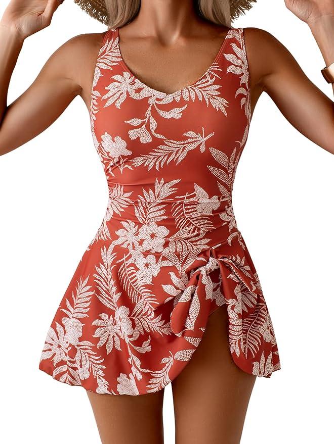 Aidonger One Piece Swim Dress Swimsuits for Women Tummy Control Swimdress Skirt Bathing Suit, S