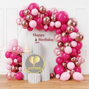 AFTERLOON Biodegradable Balloons 146pcs Hot Pink Metallic Confetti Different Sizes 18" 12" 10" 5" Balloon Garland Arch Kit perfect for Birthday Party Decorations, Baby Shower, Wedding and Anniversary