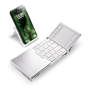 iClever Foldable Keyboard with Touchpad, BK08 Portable Tri-Folding Bluetooth Keyboard for iPad, iPhone, Windows, Mac & Android Connect Up to 3 Devices (Silver White)