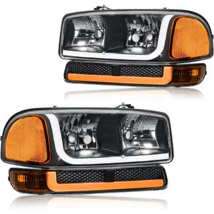 LED DRL Headlight, Headlights Assembly Kit Compatible with 1999-2007 GMC Sierra 1500/2001-2007 GMC Sierra 1500HD 2500HD 3500, Fit 1999-2006 Yukon Headlamp Black Housing Amber Reflector