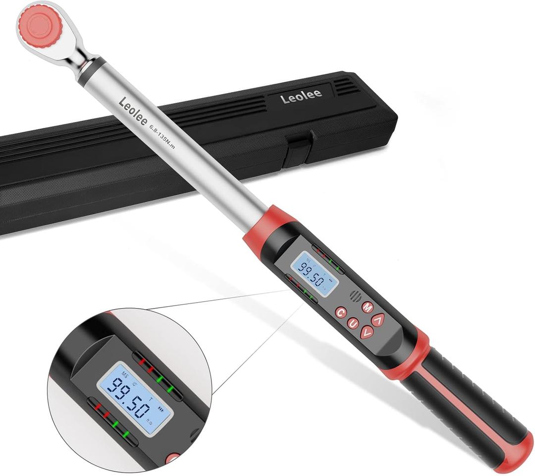 Leolee 3/8-Inch Drive Digital Torque Wrench with Angle, 5-99.5 Ft-Lb/6.8-135 Nm, Electronic Torque Wrench with Preset Value, LED Flash Notification for Bike Motorcycle Car