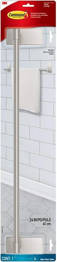 Command Bath Satin Nickel Towel Bar with Water Resistant Command Strips, Bathroom Organizer, 24 in Bar Length Holds up to 10 lbs