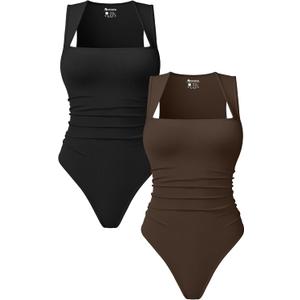 OQQ Womens Square Neck Sleeveless Bodysuit Shapewear Tank Top Stretchy Slim Fit Bodycon Top for Going Out 2 Pack (Large, Black,Darkbrown)