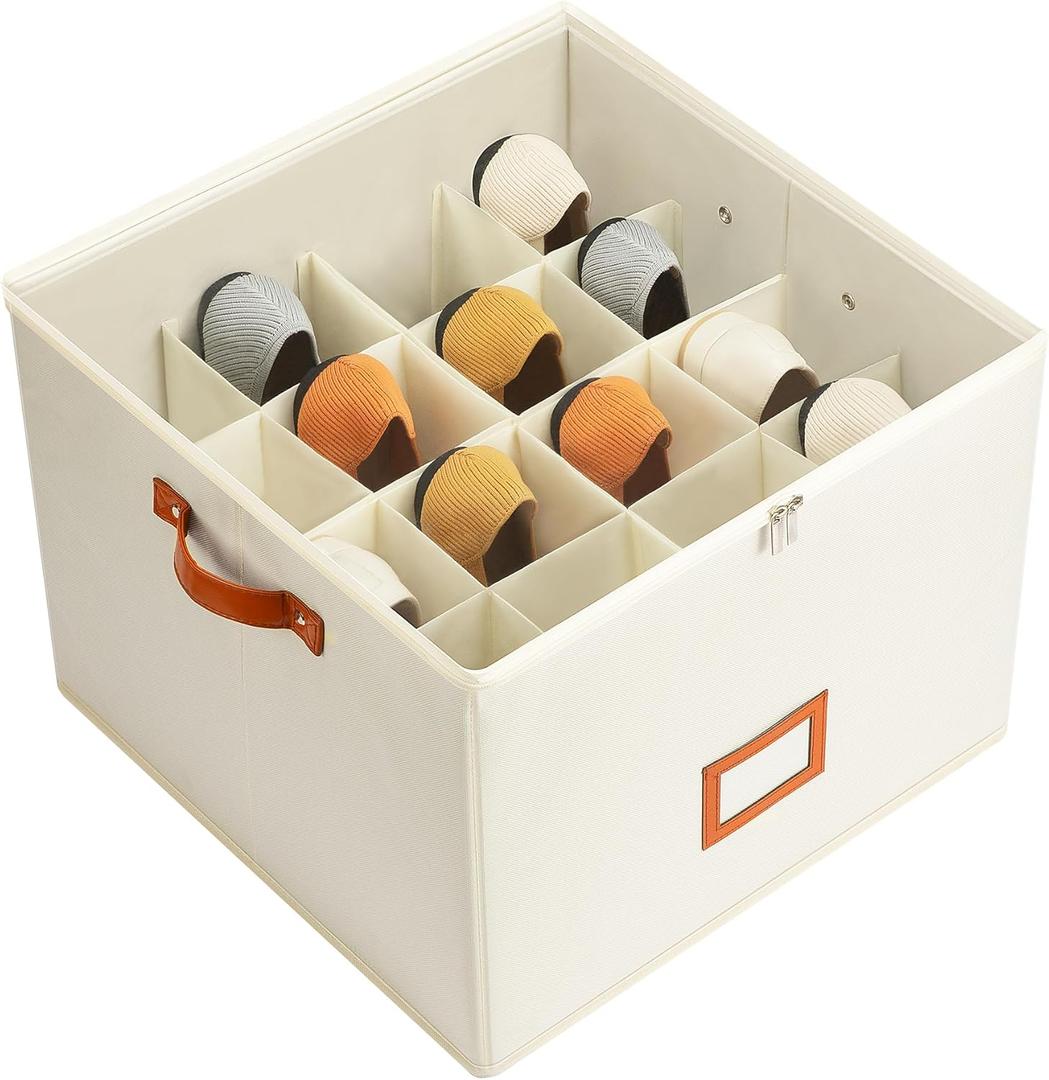 Delamu Shoe Organizer for Closet, Fabric Shoe Storage Boxes with Clear Cover, Adjustable Dividers for Shoe Box Organizer, Foldable Space-saving Shoe Organizer Box, Ornament Storage Box, Beige, 1-Pack