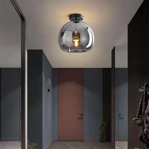 Nordic Mid Century Corridor Globe Semi Flush Mount Ceiling Light Fixture Amber Smoke Grey Glass Ceiling Lighting Simple Mini Ceiling Lamp for Aisle Porch Stairway Closet Kitchen (Smoke Gray)