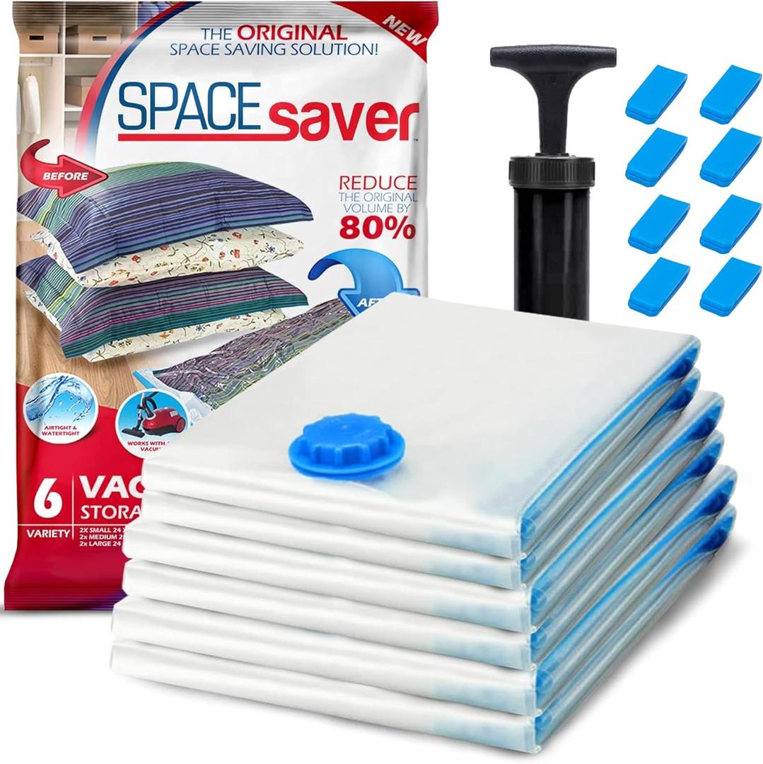 6 Pack Variety Vacuum Storage Bags for Comforters, Blankets & Clothes Vacuum Sealed Compression Bags with Hand Pump Space Saver Storage Bags for Bedding,Moving, Travel & Organization (2S, 2M & 2L)