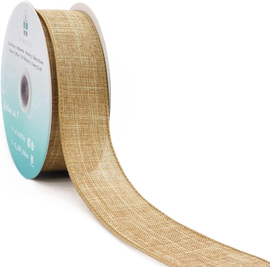 CT CRAFT LLC Burlap Fabric Wired Ribbon 1.5 Inch x 10 Yards Natural Color for Christmas Home Wedding Decor Gift Wrapping Tree Topper Bow Wreath Bouquet DIY Crafts