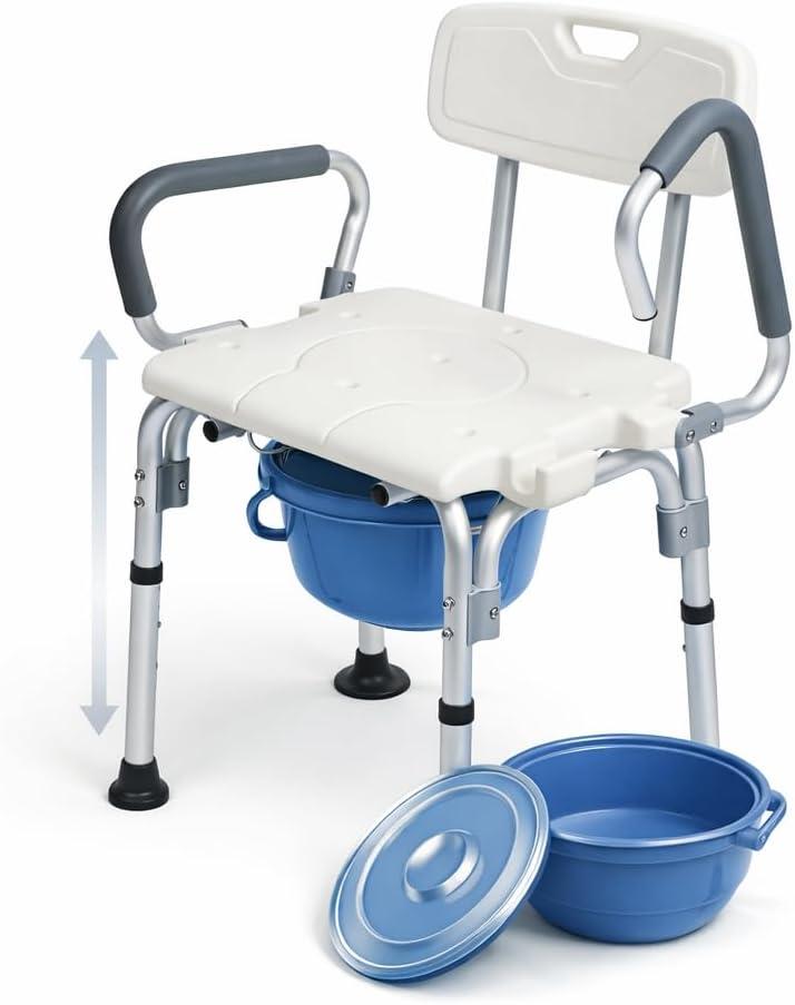 3-in-1 Bedside Commode Chair, Height Adjustable Shower Chair & Toilet Safety Frame, Waterproof Seat, Flip-Up Armrests, Non-Slip Feet, Aluminum Frame, 300 lbs Capacity