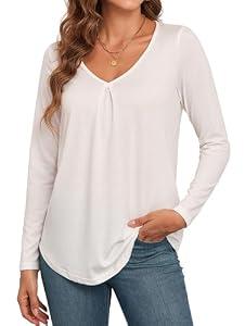 ACIEMR Women's Long Sleeve Tops Hide Belly Tunic Dressy Casual Blouse White Medium