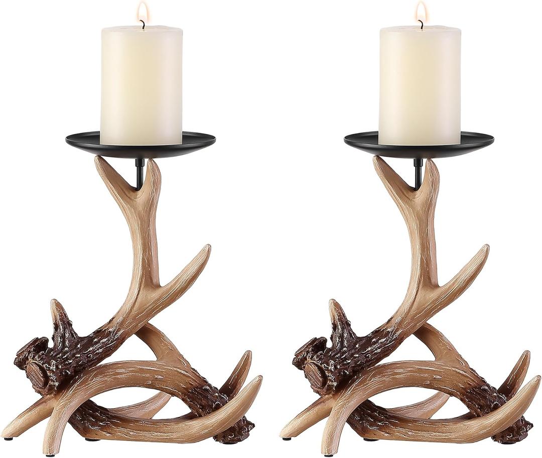 Antler Candlestick Holder, Deer Candlestick Holders Premium Candle Holder for Wedding Dinning Party, Candle Stand for 3.3 inch Thick Candles Color Rustic Brown(2 PCS)