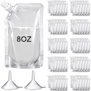 Meanplan 100 Pcs Plastic Pouches Bulk Reusable Squeeze Pouches Clear Juice Bags Leak Proof with Funnel for Travel Women Men(8 oz,Inclined Mouth)