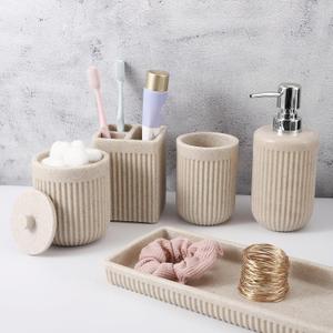 Resin Beige Bathroom Accessories Set 5 Pcs, Lotion Soap Dispenser, Toothbrush Holder, Bathroom Tumbler, Qtip Holder and Vanity Tray, Bathroom Countertop Organizer Set for Modern Home Apartment