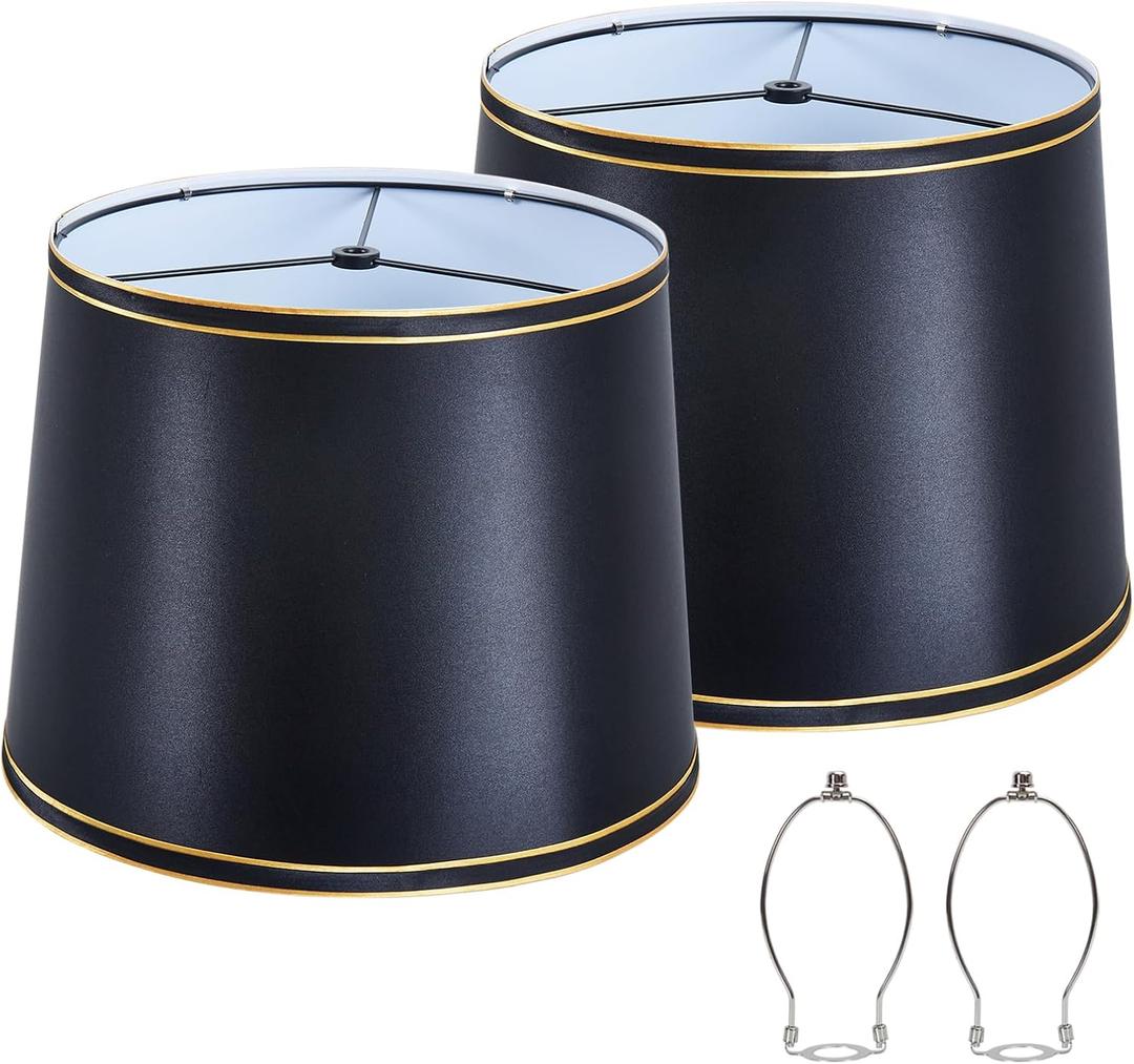 Lamp Shades Set of 2, Drum Lampshade 10 Inches Height, Lampshades for Table Lamp, Floor Lamp, Pendant Light, Grey Lampshades,Harp Holder Included (Black,Gold)